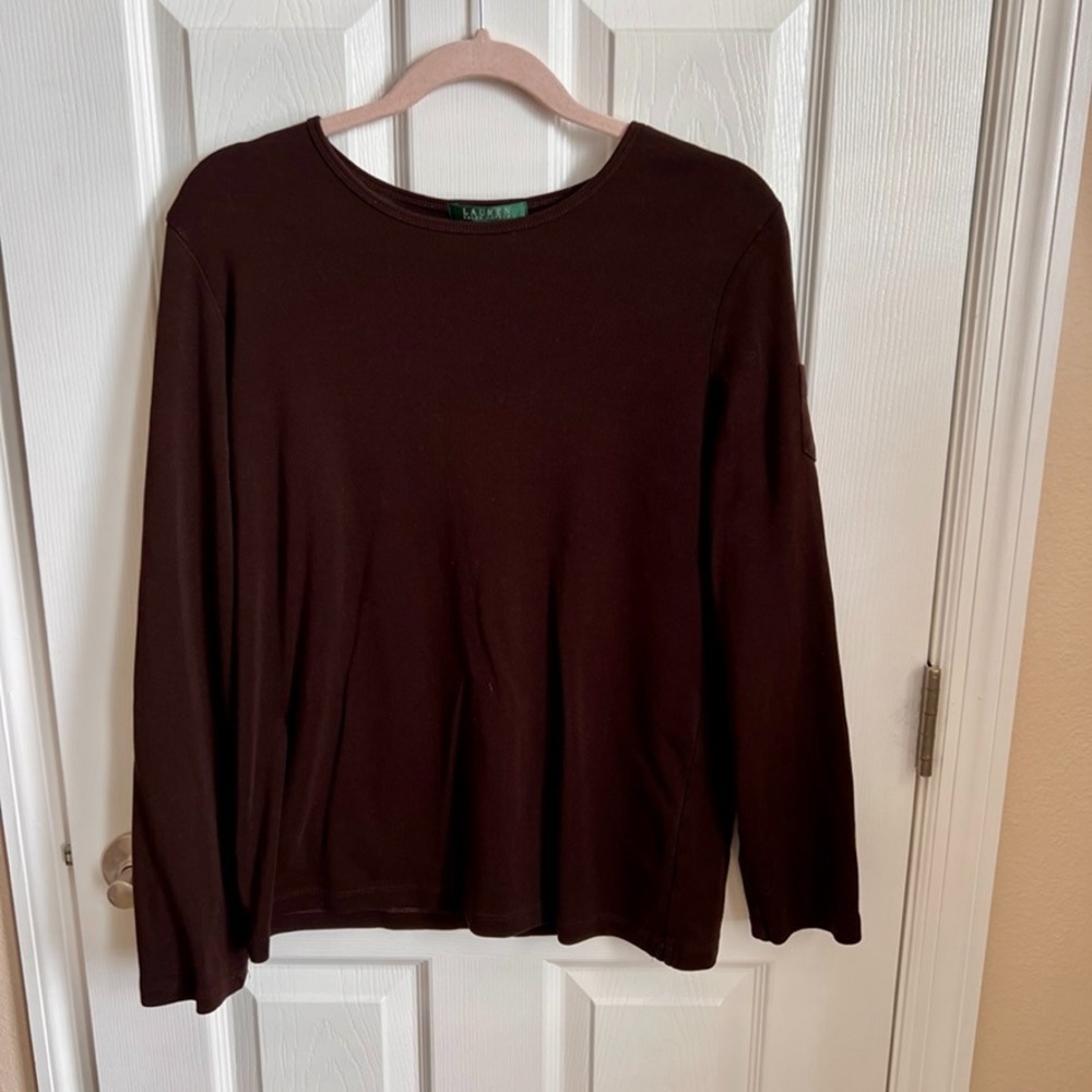 Ladies Lauren Ralph Lauren Long Sleeve Top‎ Pocket Ribbed Knit Casual Brown XL